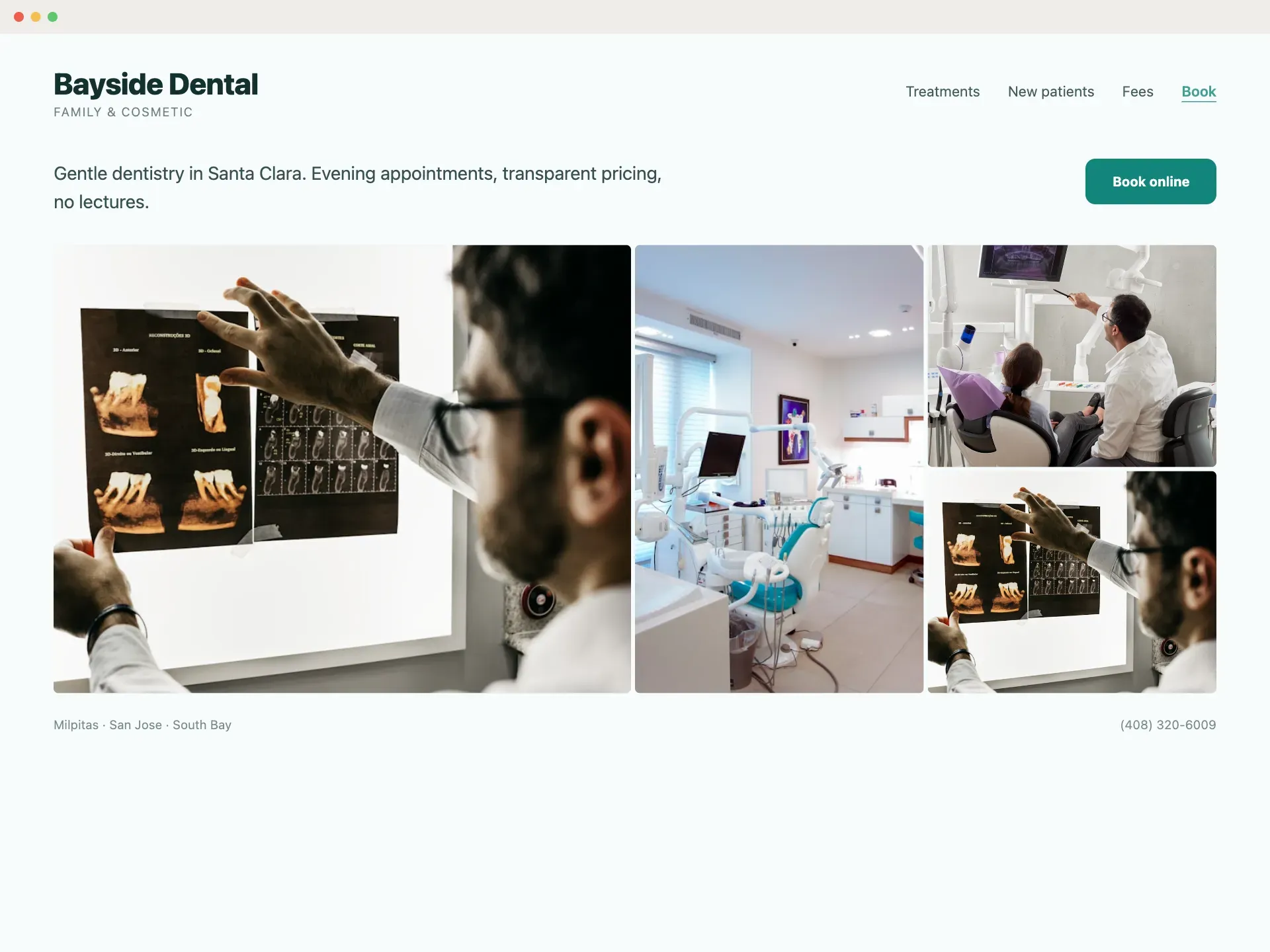 Example website design: Dental practice. Treatments, fees, online booking.